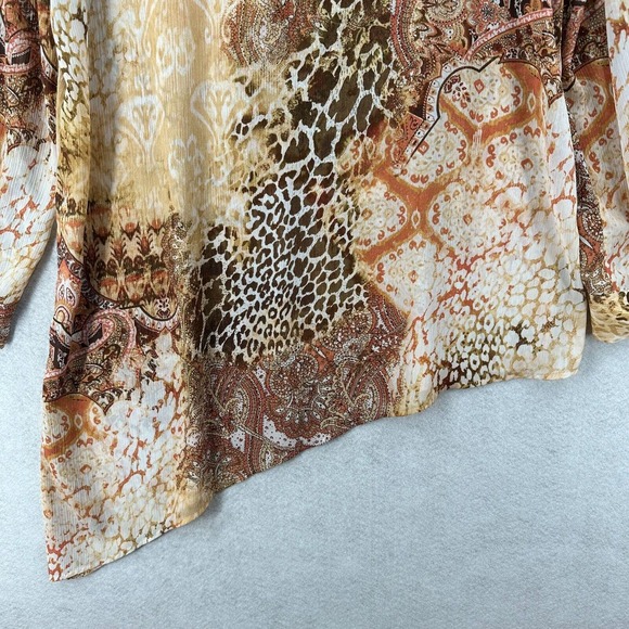 Chicos Tunic Top Women XL Asymmetrical Hem 3/4 Sleeve Leopard Roll‎ Tab Chiffon - Picture 7 of 16